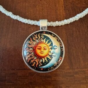 Celestial Sun & Moon Colorful Cabochon Silver tone Pendant on Beaded Necklace
